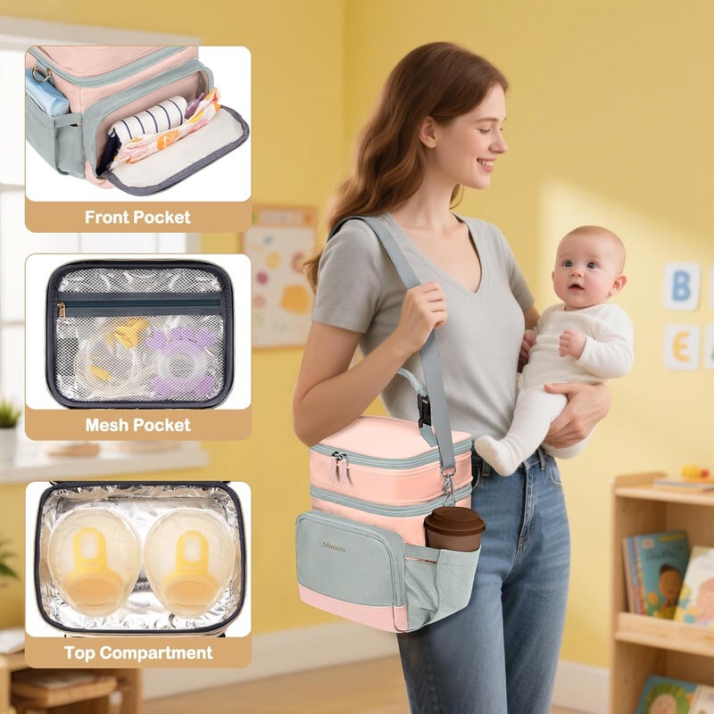 Mancro Expandable Breastmilk Cooler Bag Fits 6 Bottles Up to 9 Oz, Double Layer Breast Milk Travel Bag with Ice Pack, Wearable Breast Pump Bag with Stroller Straps for Nursing Moms, Pink and Grey - Image 5